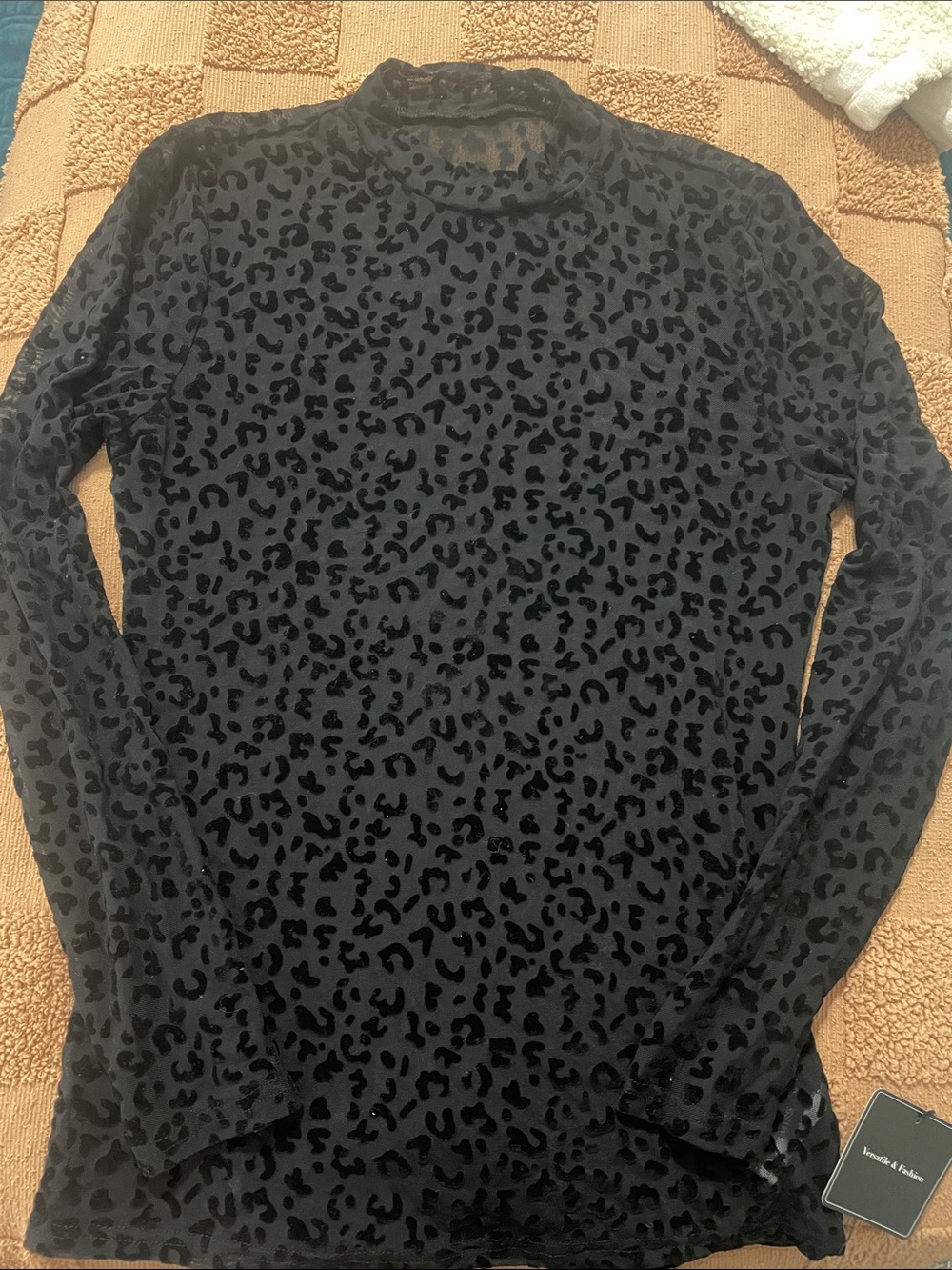 Black Leopard-Print Sheer Long Sleeve Top